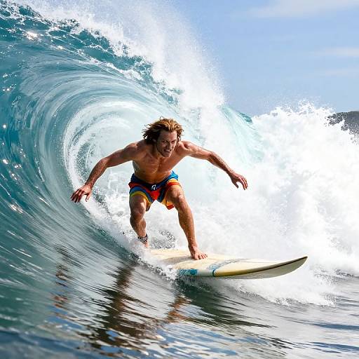 Photograph of a shirtless, long-haired surfer in blue and red swim trunks riding a powerful, curling ocean wave under bright blue sky