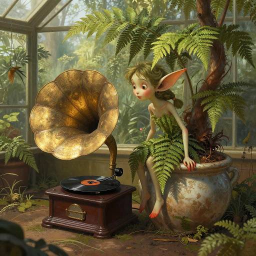 Fantasy CGI: Green-haired fairy with large ears, nude, sitting in a fern pot, listening to a vintage record player under a glowing brass horn