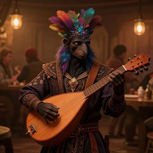Photograph of a bird-masked, black-feathered person in ornate, medieval-style clothing, playing a wooden guitar in a warmly lit,