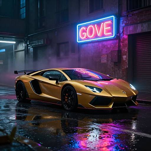 Gold Neon Lamborghini in Urban Alley