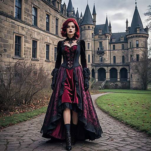 Gothic Woman in Red and Black Dress at Castle