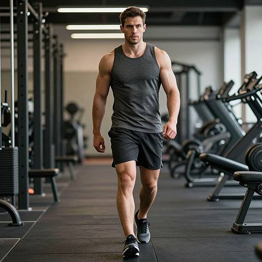 Photograph of a muscular, fair-skinned man with short brown hair, wearing a gray tank top and black shorts, walking in a modern gym with