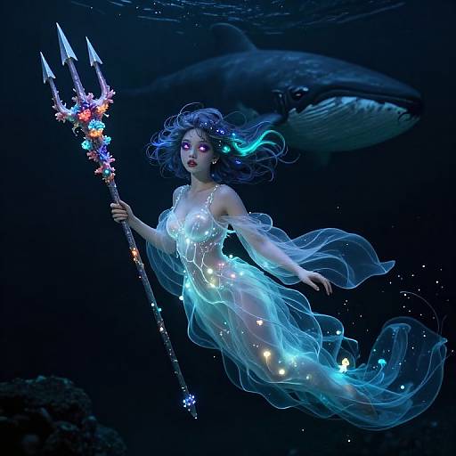 Digital art of a glowing mermaid with blue hair, translucent dress, and trident, floating in dark underwater, with a whale in the background.