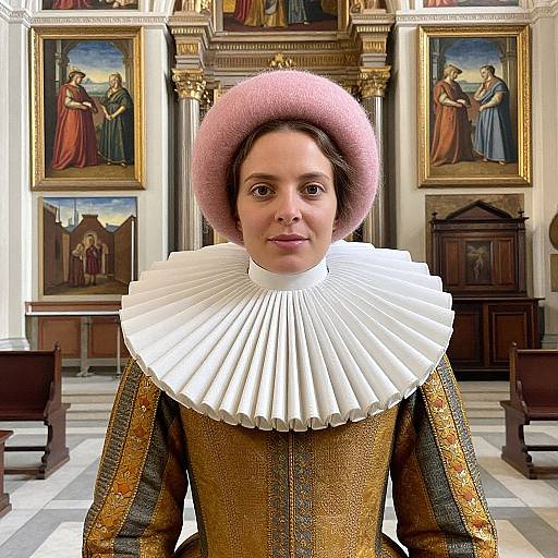 Photorealistic digital portrait of a woman with pink hat, white ruffled collar, gold-patterned dress, standing in a baroque church with framed