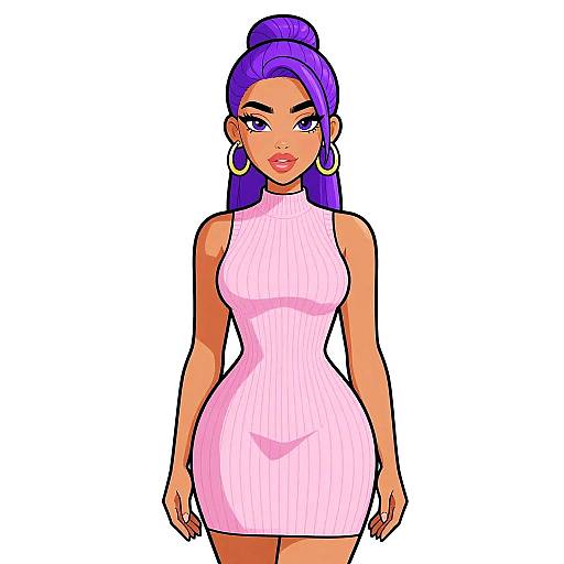 Digital anime-style drawing of a woman with purple hair in a high bun, wearing a pink ribbed, sleeveless dress, large hoop earrings, and