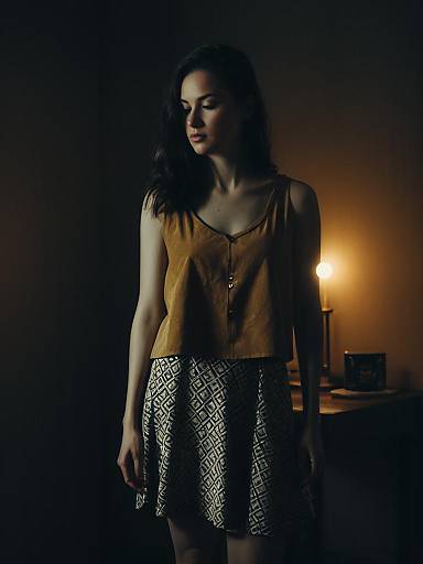 Woman in Casual Sleeveless Top and Patterned Skirt