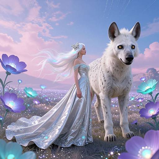 Ethereal Woman with Majestic White Hyena