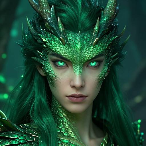Digital artwork of a fierce, green-scaled, dragon-headed woman with glowing green eyes, wearing intricate, metallic armor, set in a dark, forest