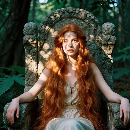 Photograph of a pale-skinned, red-haired woman with long wavy hair, wearing a white dress, sitting on a sunlit, ancient stone