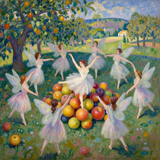 Impressionist painting of six fairy-like girls with translucent wings, dancing around a colorful fruit pile beneath a fruit tree.