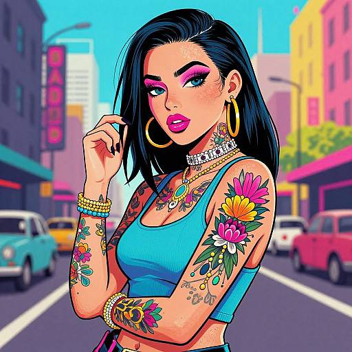 Stylish Tattooed Woman in Urban Pop Art