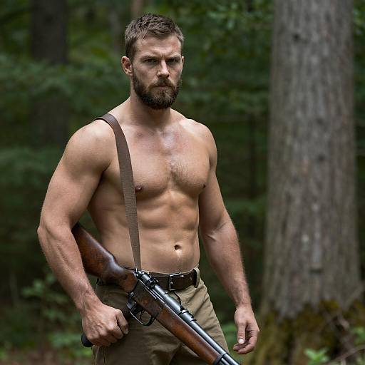Determined Bearded Man in Forest