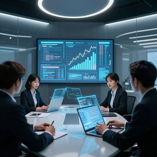 Photograph of three business professionals, two women and one man, in a modern, brightly lit conference room analyzing financial data on laptops and a large screen