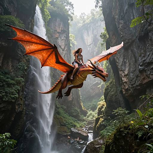 Young Woman Riding Dragon in Misty Canyon