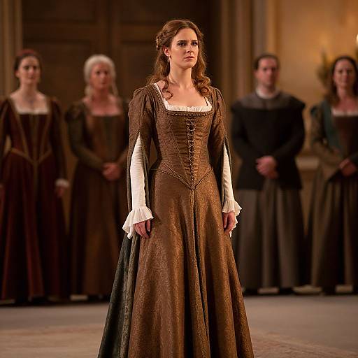 Photograph of a woman in a brown, medieval-style gown with white sleeves, standing in a dimly lit, ornate room, surrounded by similarly