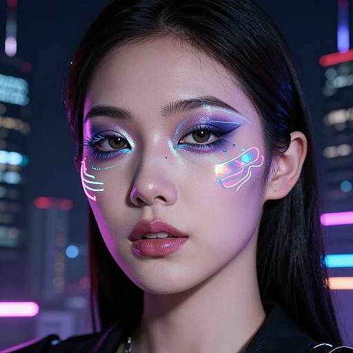 Digital portrait of an Asian woman with glowing neon face markings, dark straight hair, and glossy pink lips, set against a cityscape background with blurred neon