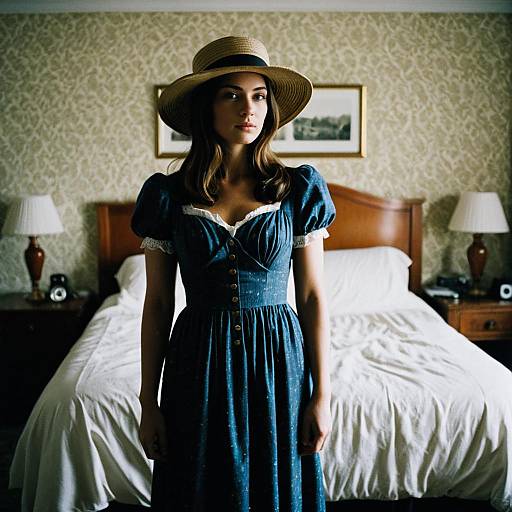 Photograph of a young woman with long brown hair, wearing a blue dress and straw hat, standing in a dimly lit bedroom with a made bed