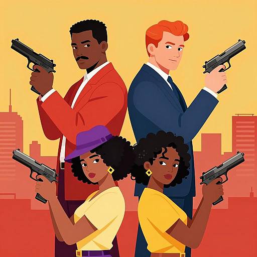 Illustration of Four People Back-to-Back with Guns