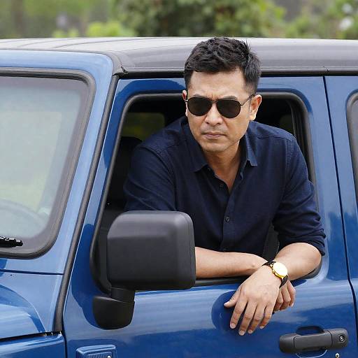 Serious Man by a Blue Car