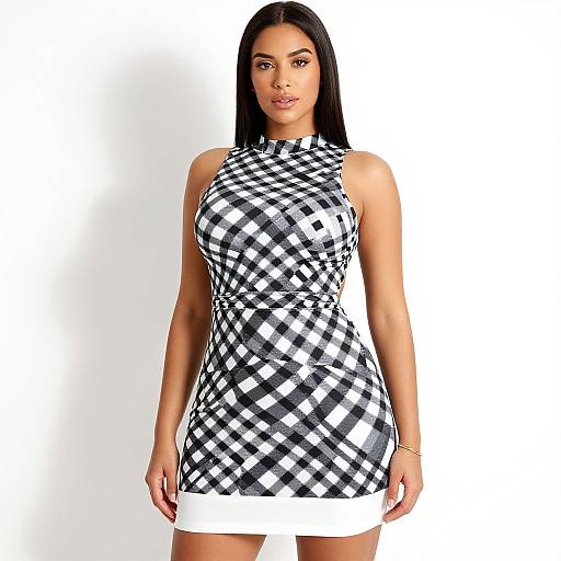 Photograph of a confident woman with long black hair, wearing a sleeveless black-and-white checkered dress, standing against a plain white background.