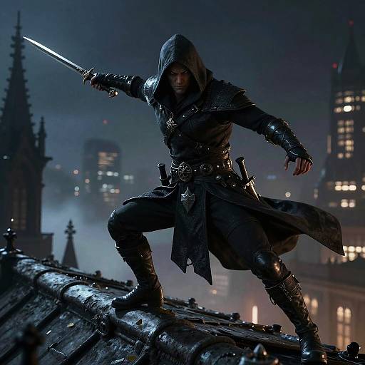 Dwarf Assassin on Gothic Rooftop at Night