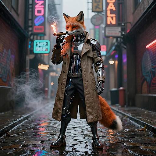 Digital art: Cybernetic fox in trench coat, smoking cigar, neon-lit rainy alley, futuristic cyberpunk style, glowing neon signs, wet