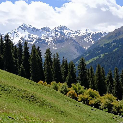 Photograph of a vibrant mountain landscape with lush green hills, tall dark evergreens, autumn shrubs, and snow-capped peaks under a bright blue