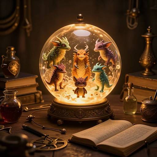 Photograph of a glowing, ornate glass snow globe with colorful, fantasy dragon-like creatures inside, surrounded by vintage books, potions, and antique tools