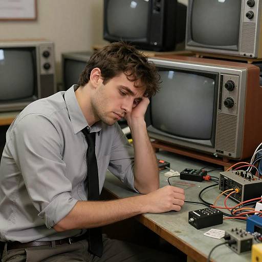 Tired man at electronics workbench with vintage TVs