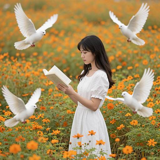 Young Asian woman in white dress reads in vibrant orange flower field, surrounded by flying white doves. Photographic image.