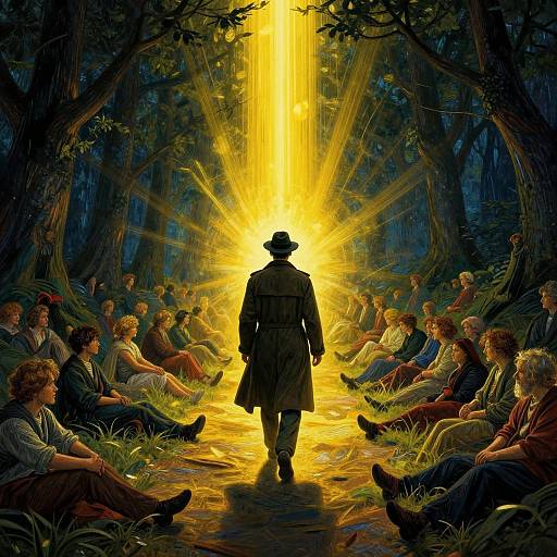 Digital illustration of a lone figure in a trench coat and hat, walking toward a radiant yellow light in a dark forest, surrounded by seated, curious on