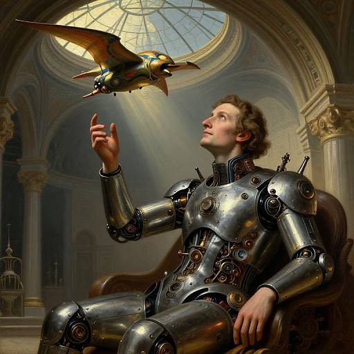 Photorealistic digital art: A young man in metallic, robotic armor sits in an elegant, dome-lit room, offering a finger to a futuristic