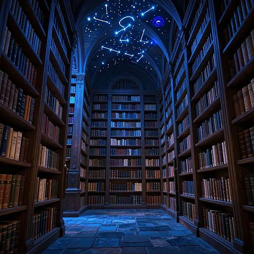Photograph of a dark, gothic library with tall, arched ceilings, illuminated by blue and star-like lights, surrounded by rows of booksh