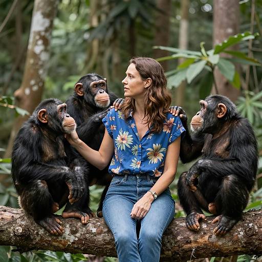 Woman Interacting with Chimpanzees in Nature