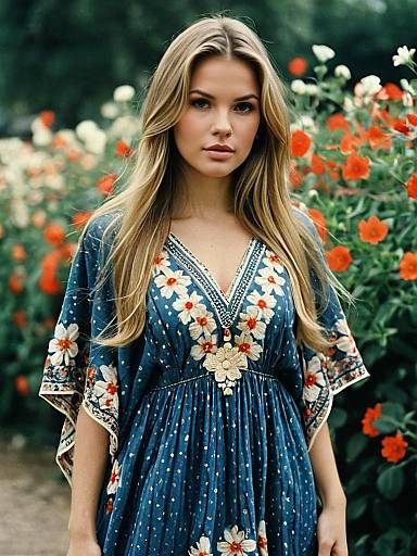 Blonde Woman in Floral Kaftan Dress Outdoors