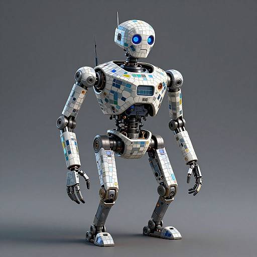 CGI-rendered humanoid robot with white, pixelated armor, blue glowing eyes, and metallic joints, standing against a gradient gray background.