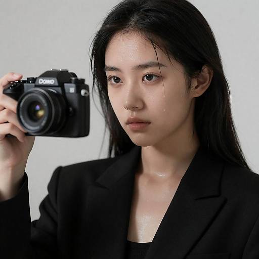 Young Woman Holding Camera in Black Suit