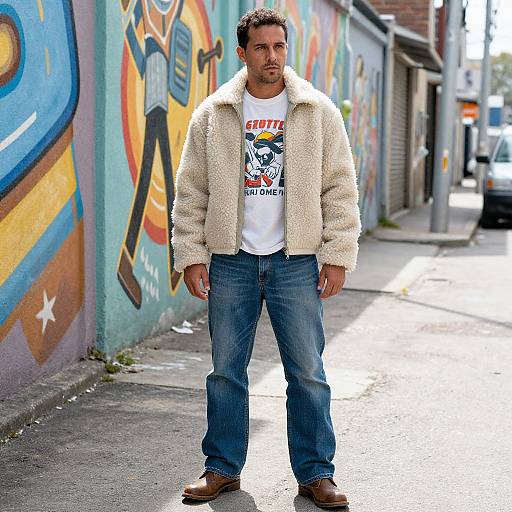 Photograph of a man with short dark hair, light beard, wearing a fluffy beige jacket, white 