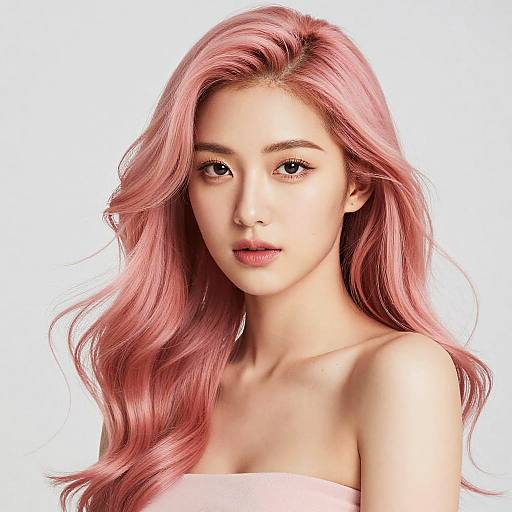 Photorealistic digital portrait of a young Asian woman with long, wavy pink hair, fair skin, and pink lips, wearing a strapless pink