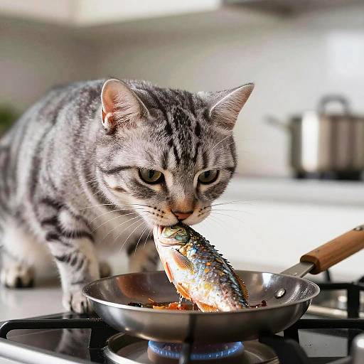 Close-Up of a Tabby Cooking Fish