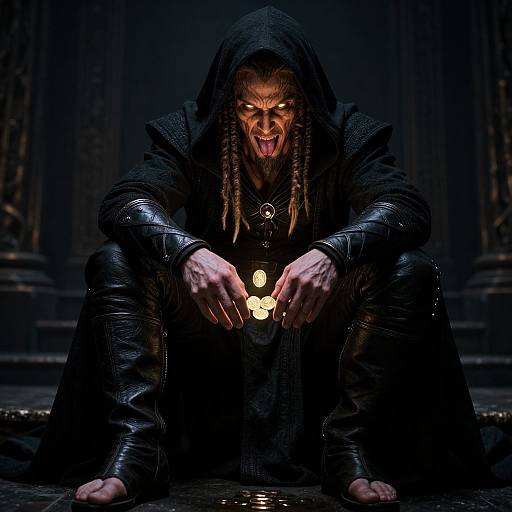 Photograph of a menacing, hooded man with dreadlocks, glowing eyes, and fangs, squatting over a bright candle in dark, go