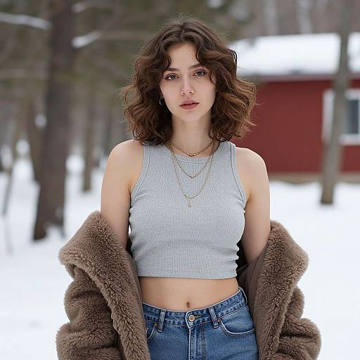 Photograph of a young woman with curly brown hair, wearing a gray crop top, blue jeans, and a brown fur jacket, standing in a snowy
