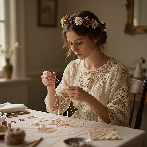 Photograph of a young woman with a floral crown, wearing a lace blouse, meticulously threading beads at a sunlit table.