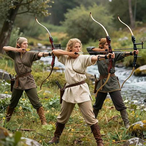 Photograph of three archers in medieval attire, standing in a lush, forested riverbank, drawing bows with focused expressions.