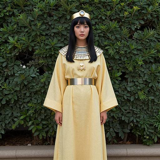 East Asian woman with long black hair, wearing a yellow ancient Egyptian-style dress and headpiece, standing in front of lush green foliage.