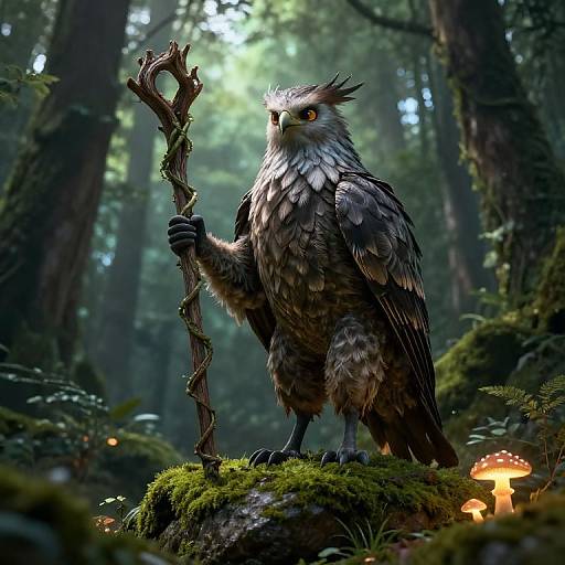 Digital art of a majestic owl-like creature with sharp feathers and intense eyes, standing on a mossy log in a mystical forest, holding a twisted wooden