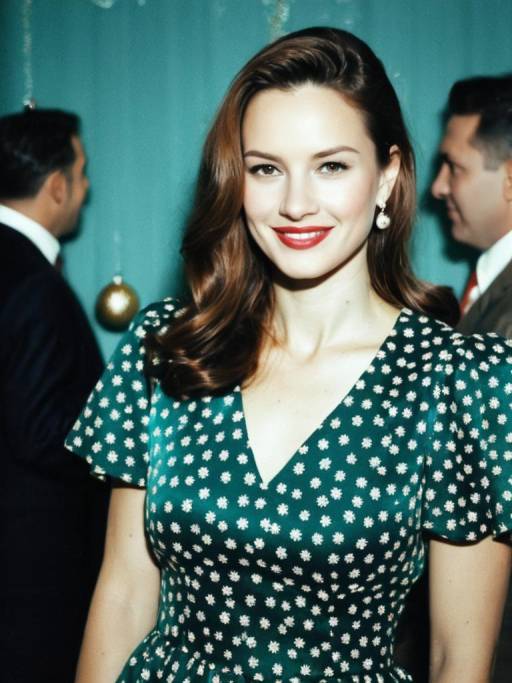 Woman in Floral Dress at Christmas Party