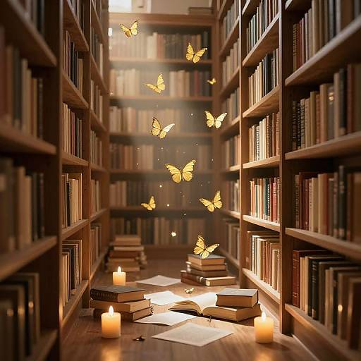 Photograph of a dimly lit library aisle with wooden shelves filled with books, illuminated by glowing butterflies and candles on the floor.