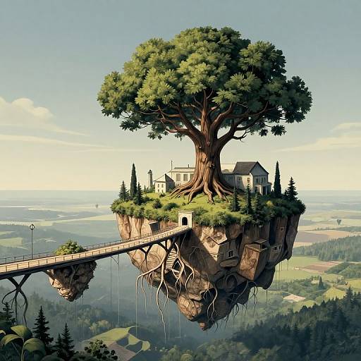 Digital illustration of a large, tree-covered rock island with a house, connected by a suspended bridge, set above a lush, sprawling countryside.