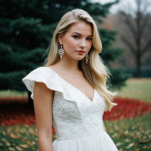 Woman in Elegant White Dress Outdoors